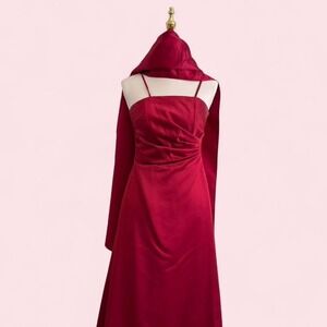 Y2K Michaelangelo Red Satin Gown with Matching Hooded Scarf — Size 6